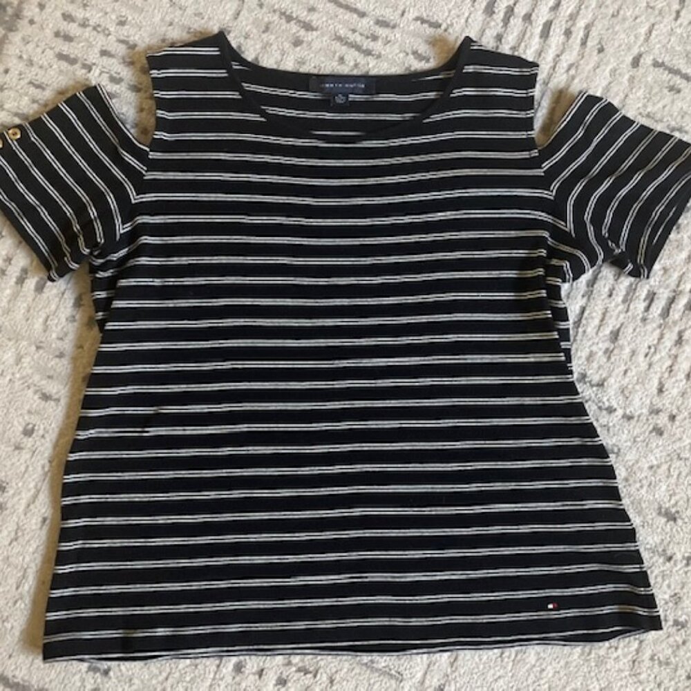 Black and White Striped Cold Shoulder Top Size XL